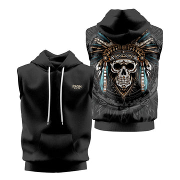 Rashninja Aztec Chief Skull Sleeveless Hoodie | MMA Sleeveless Hoodie