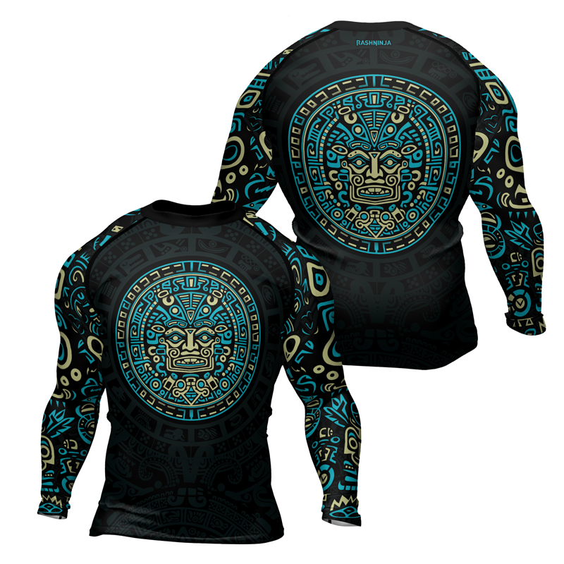 Rashninja Blue And Beige Aztec Calendar Men's Long Sleeve Rash Guard