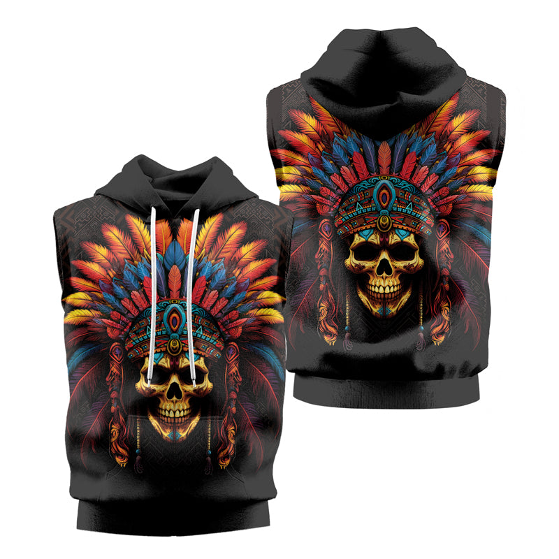 Rashninja Aztec Chieftain Skull Sleeveless Hoodie | Sleeveless Hoodie