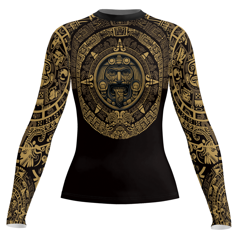 Rashninja Yellow Aztec Calendar Women's Long Sleeve Rash Guard | Aztec
