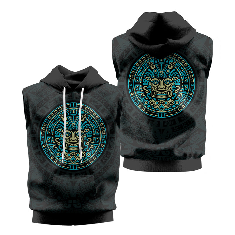 Rashninja Blue And Beige Aztec Calendar Men's Sleeveless Gym Hoodie