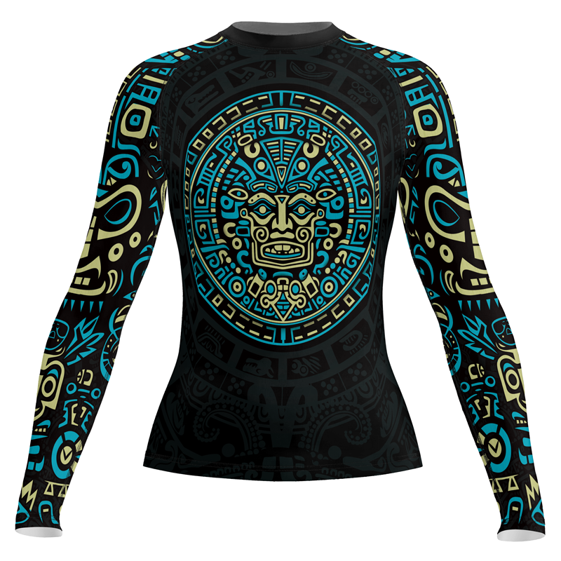 Rashninja Blue And Beige Aztec Calendar Women's Long Sleeve Rash Guard