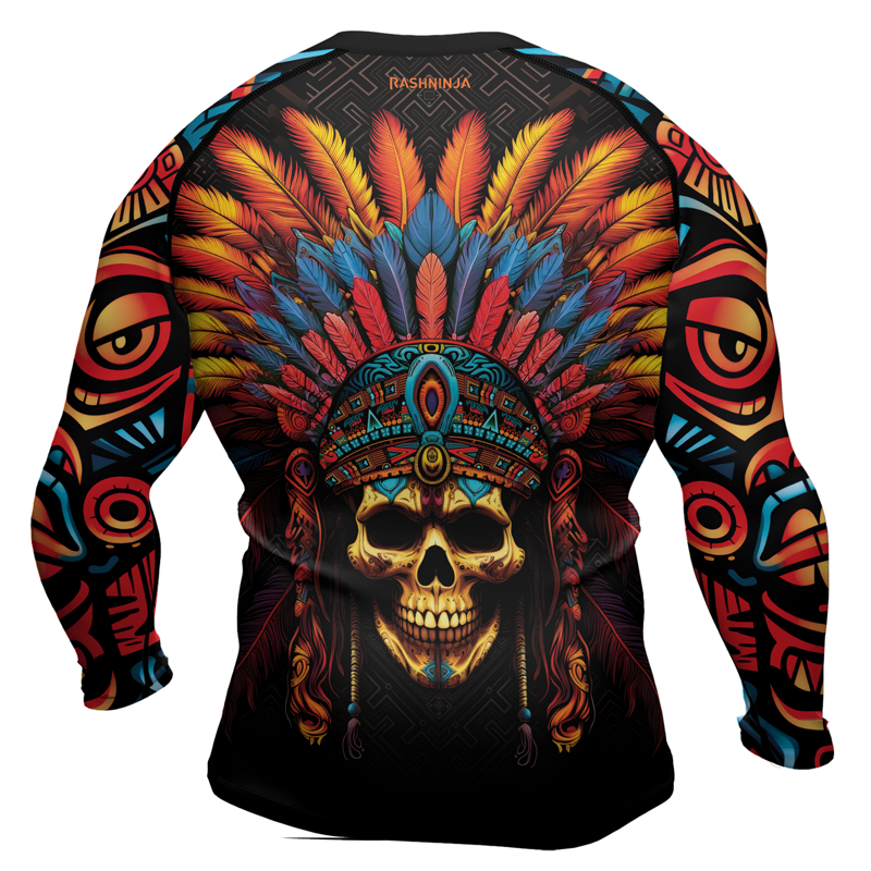 Rashninja Aztec Chieftain Skull Men's Long Sleeve Rash Guard |Aztec