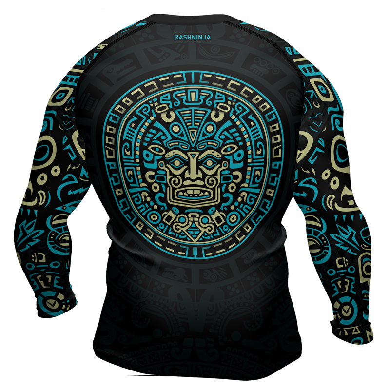 Rashninja Blue And Beige Aztec Calendar Men's Long Sleeve Rash Guard