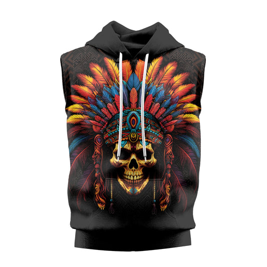 Rashninja Aztec Chieftain Skull Sleeveless Hoodie | Sleeveless Hoodie