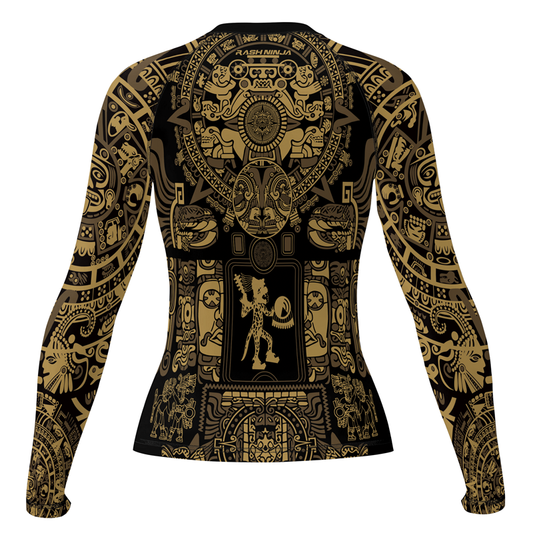 Rashninja Yellow Aztec Calendar Women's Long Sleeve Rash Guard