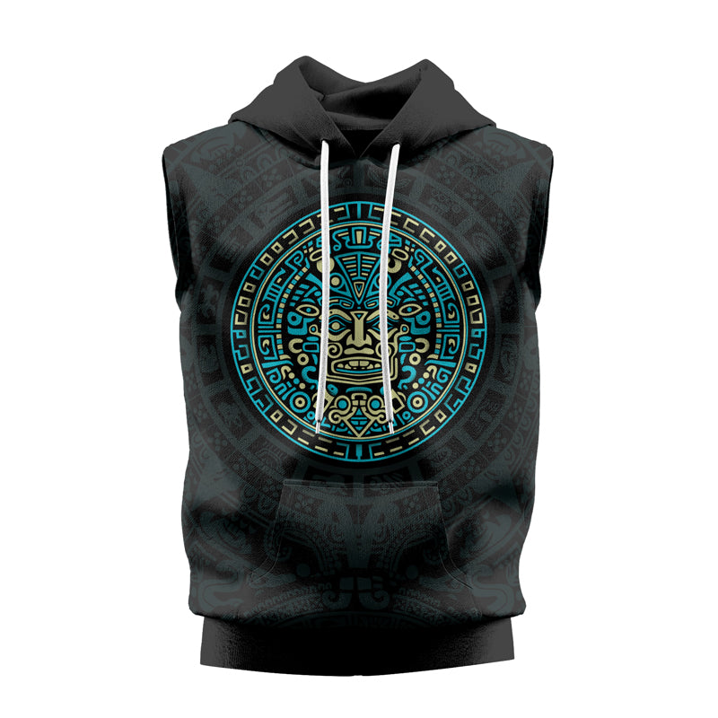 Rashninja Blue And Beige Aztec Calendar Men's Sleeveless Gym Hoodie