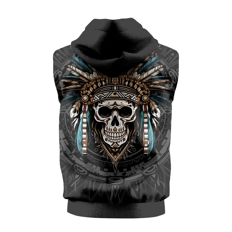 Rashninja Aztec Chief Skull Sleeveless Hoodie | MMA Sleeveless Hoodie