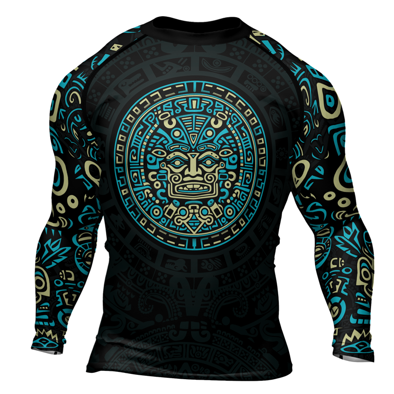 Rashninja Blue And Beige Aztec Calendar Men's Long Sleeve Rash Guard