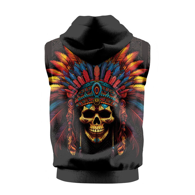 Rashninja Aztec Chieftain Skull Sleeveless Hoodie | Sleeveless Hoodie