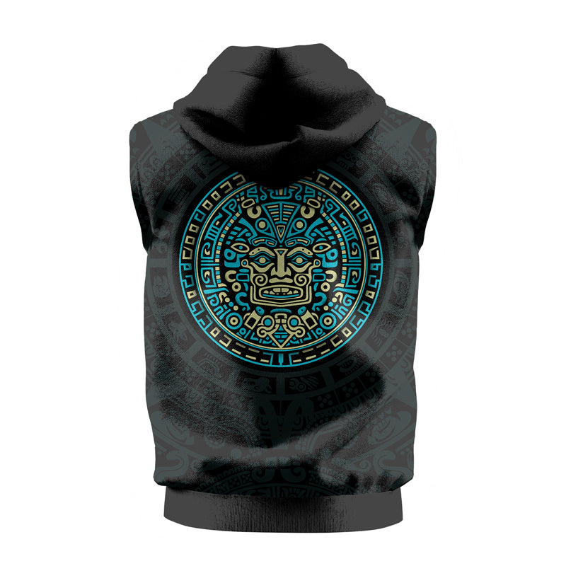 Rashninja Blue And Beige Aztec Calendar Men's Sleeveless Gym Hoodie