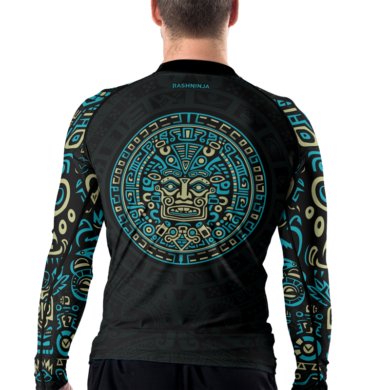 Rashninja Blue And Beige Aztec Calendar Men's Long Sleeve Rash Guard