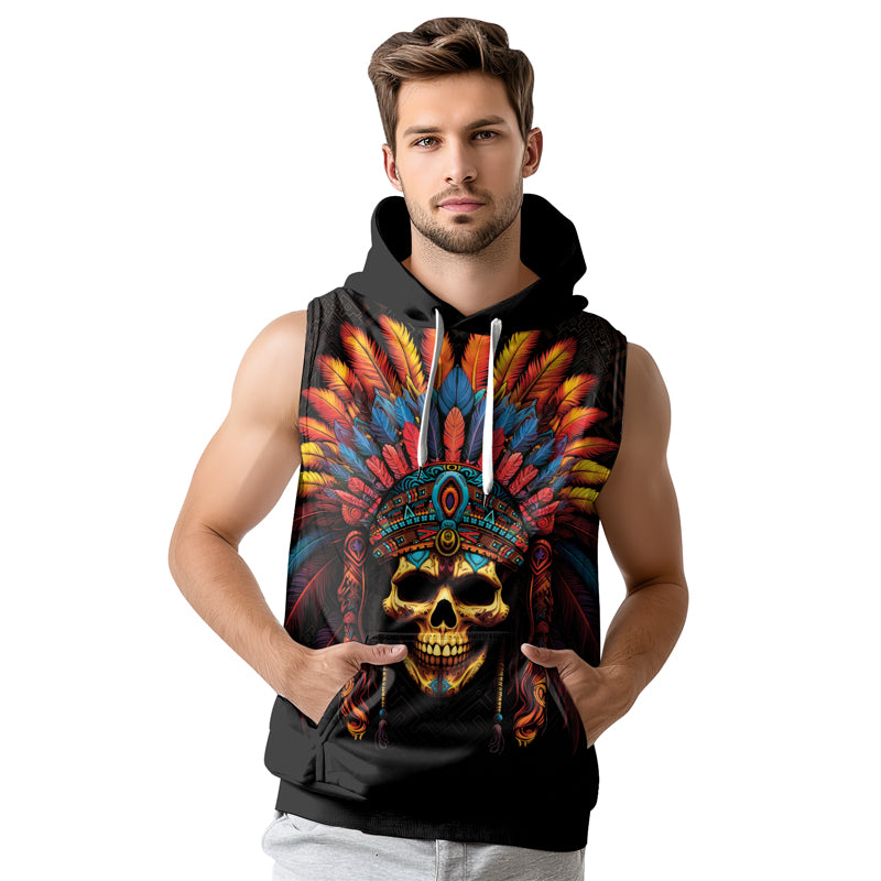 Rashninja Aztec Chieftain Skull Sleeveless Hoodie | Sleeveless Hoodie