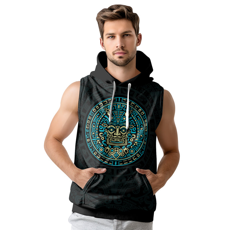 Rashninja Blue And Beige Aztec Calendar Men's Sleeveless Gym Hoodie