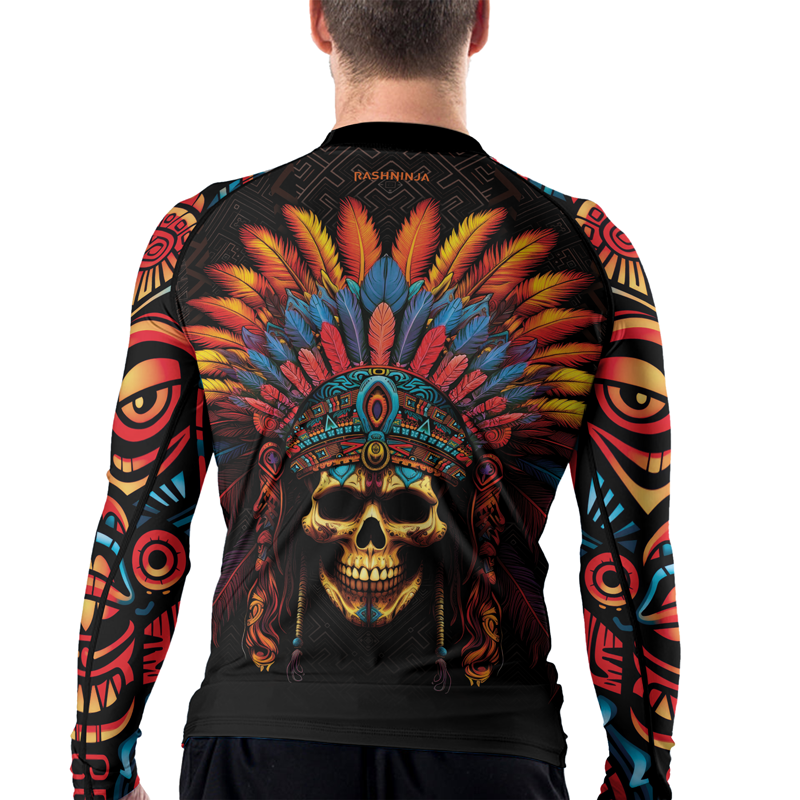 Rashninja Aztec Chieftain Skull Men's Long Sleeve Rash Guard |Aztec