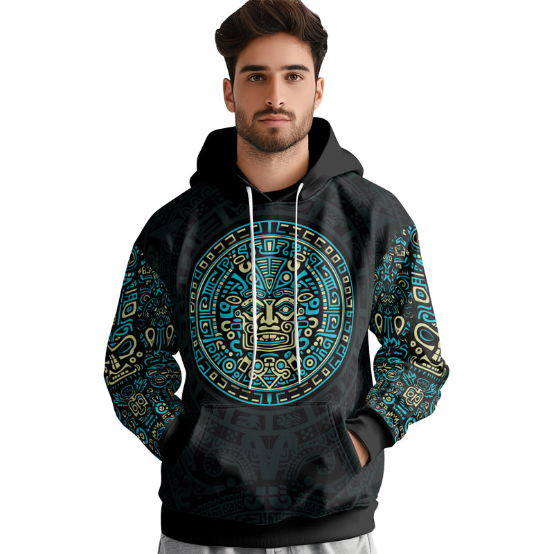 Rashninja Blue And Beige Aztec Calendar AOP Hoodie