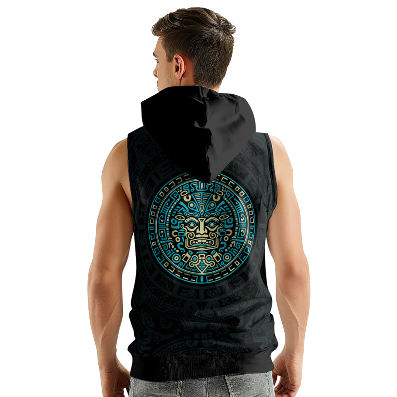 Rashninja Blue And Beige Aztec Calendar Men's Sleeveless Gym Hoodie