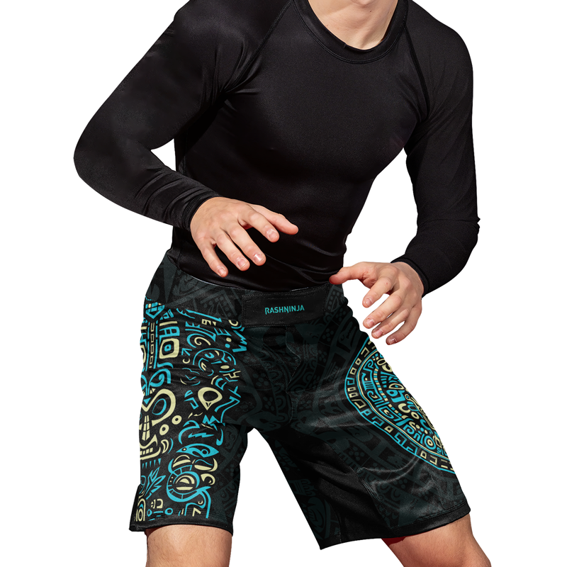 Rashninja Blue And Beige Aztec Calendar Men's Fight Shorts