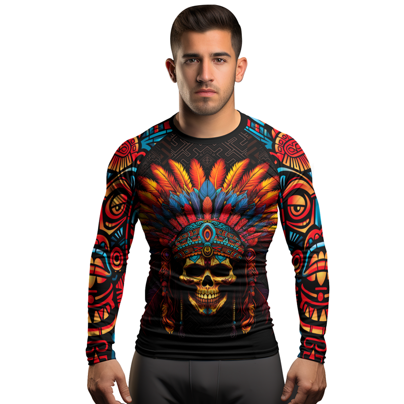 Rashninja Aztec Chieftain Skull Men's Long Sleeve Rash Guard |Aztec