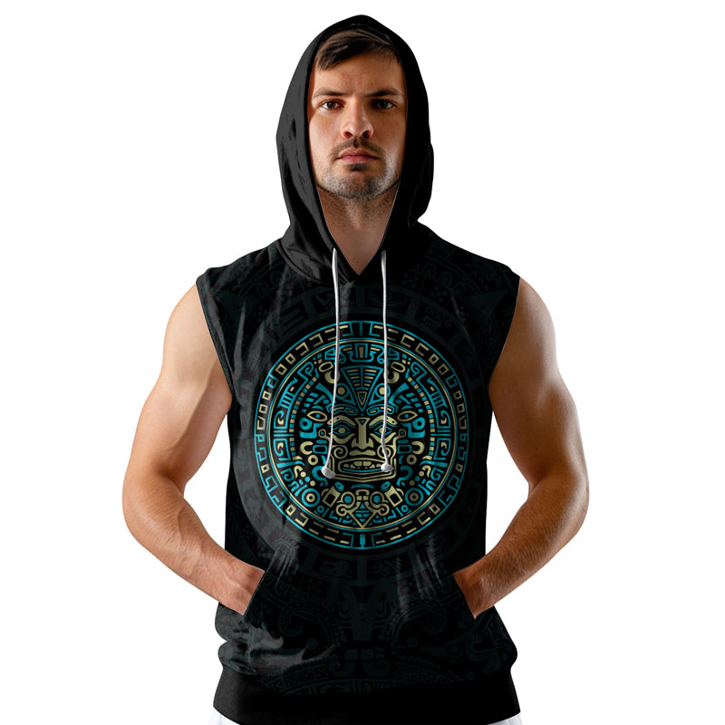 Rashninja Blue And Beige Aztec Calendar Men's Sleeveless Gym Hoodie