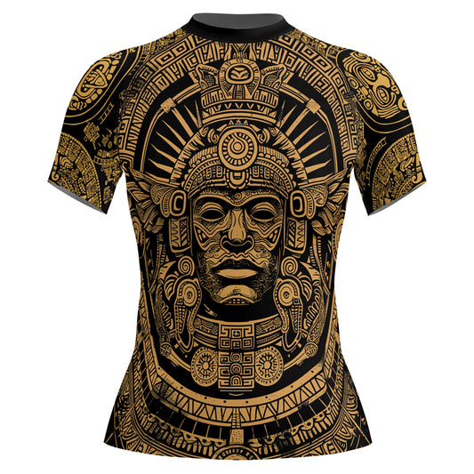 Rashninja Brown Aztec Tribe Headman Women's Short Sleeve Rash Guard