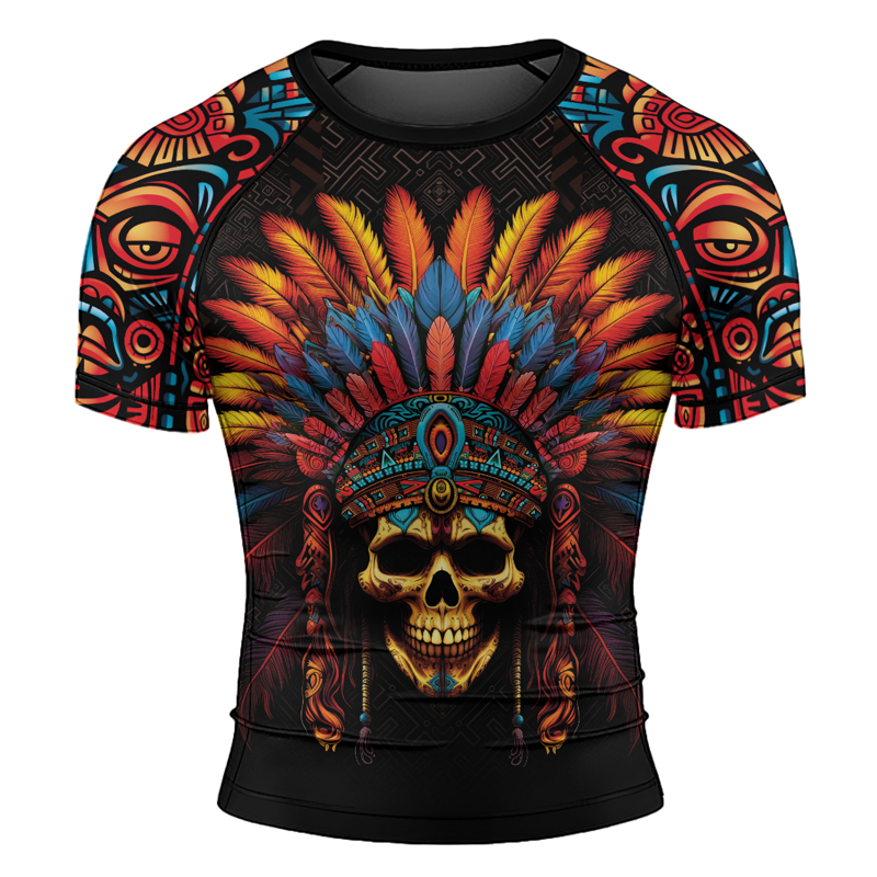 Rashninja Aztec Chieftain Skull Men's Short Sleeve Rash Guard