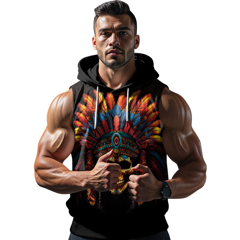 Rashninja Aztec Chieftain Skull Sleeveless Hoodie | Sleeveless Hoodie