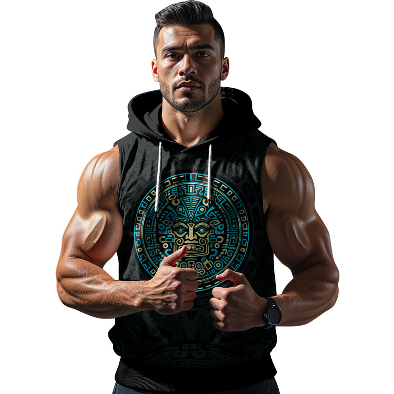 Rashninja Blue And Beige Aztec Calendar Men's Sleeveless Gym Hoodie