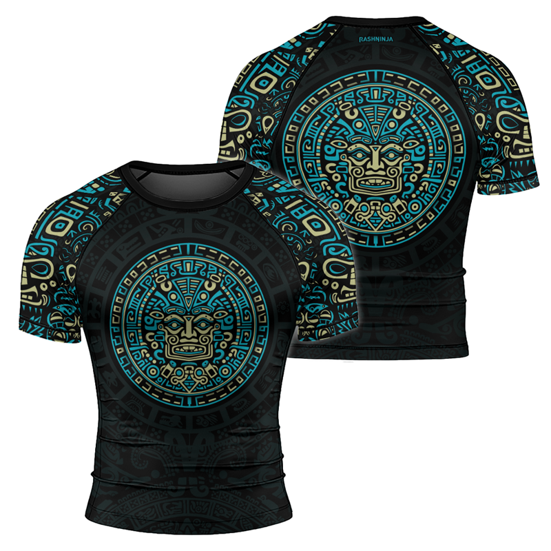 Rashninja Blue And Beige Aztec Calendar Men's Short Sleeve Rash Guard