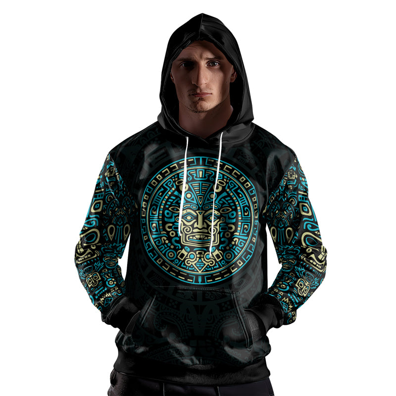 Rashninja Blue And Beige Aztec Calendar AOP Hoodie