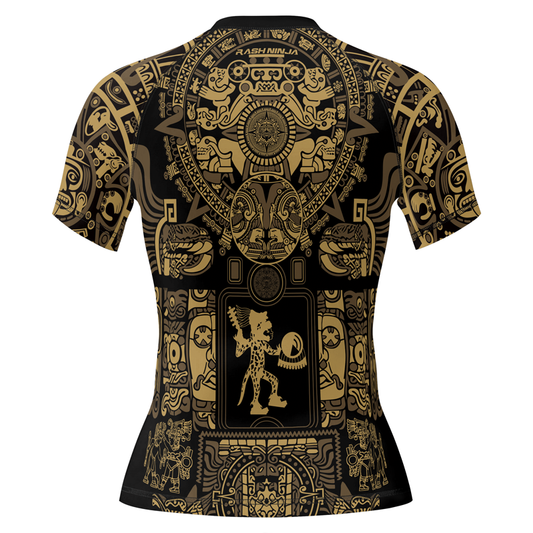 Rashninja Yellow Aztec Calendar Women's Short Sleeve Rash Guard