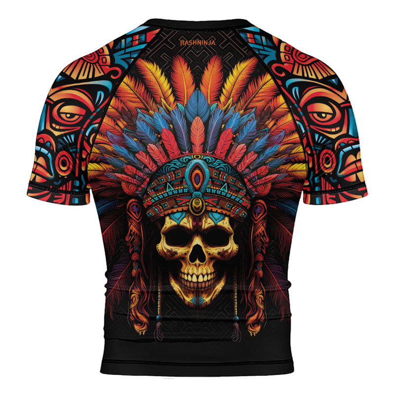 Rashninja Aztec Chieftain Skull Men's Short Sleeve Rash Guard