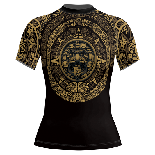 Rashninja Yellow Aztec Calendar Women's Short Sleeve Rash Guard