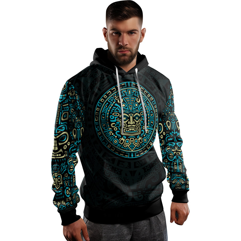 Rashninja Blue And Beige Aztec Calendar AOP Hoodie