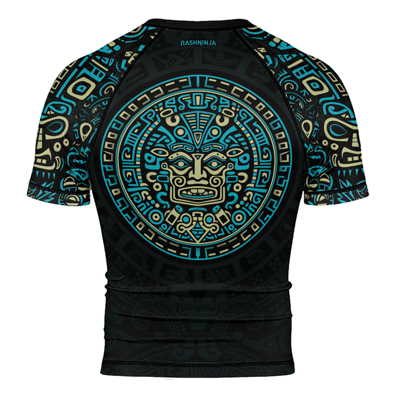 Rashninja Blue And Beige Aztec Calendar Men's Short Sleeve Rash Guard