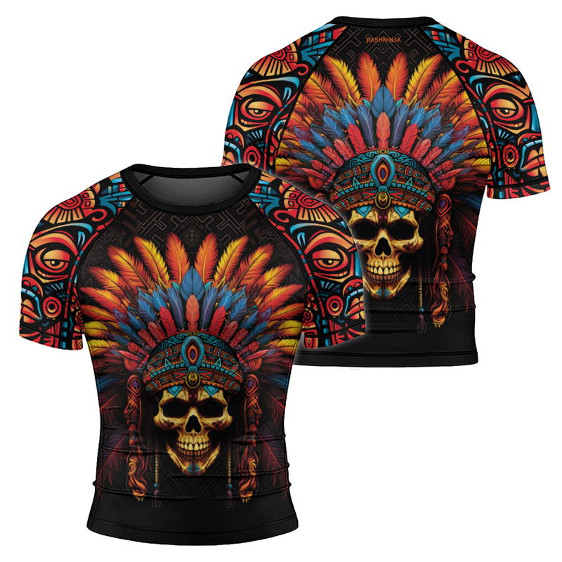 Rashninja Aztec Chieftain Skull Men's Short Sleeve Rash Guard