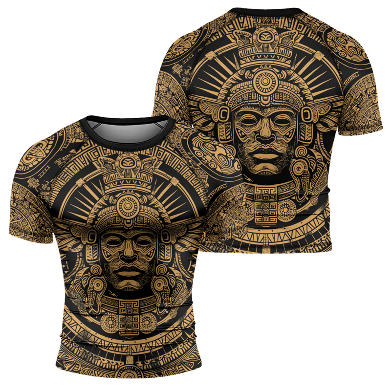 Rashninja Brown Aztec Tribe Headman Men's Short Sleeve Rash Guard