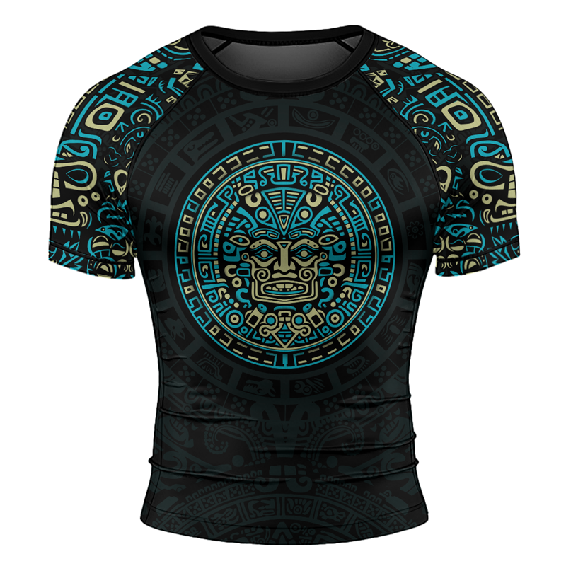 Rashninja Blue And Beige Aztec Calendar Men's Short Sleeve Rash Guard