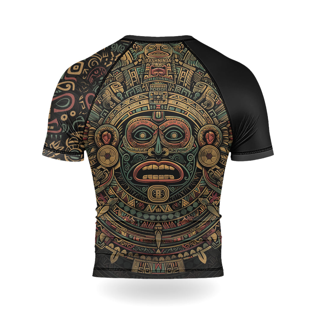 Rashninja Aztec Sun God Mask Men's Short Sleeve Rash Guard