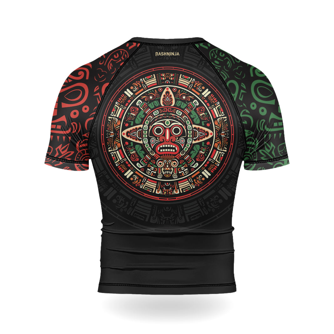 Rashninja Aztec Red & Green Sun Stone Men's Short Sleeve Rash Guard