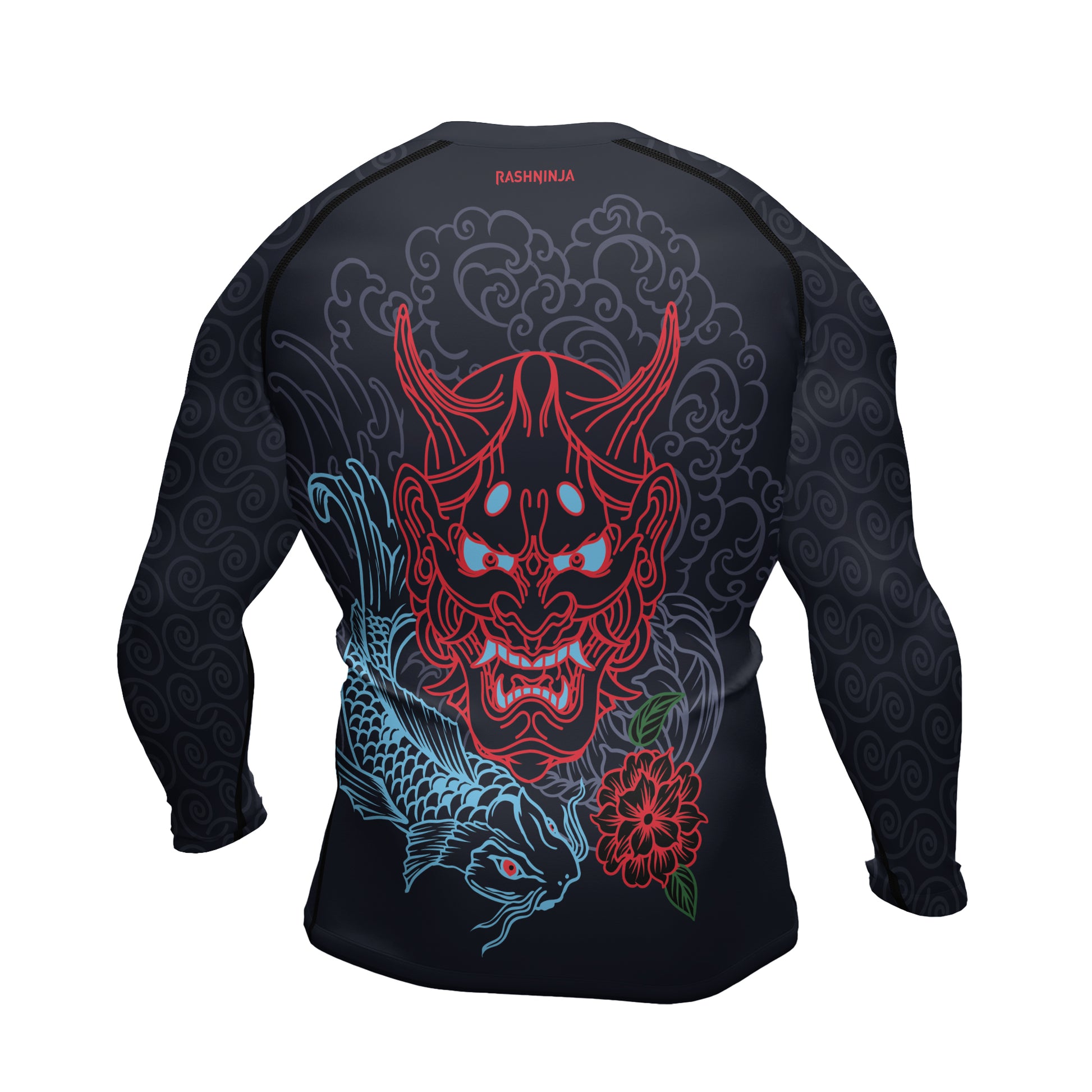 Rashninja Red Samurai Mask with Blue Koi Men's Long Sleeve Rash Guard