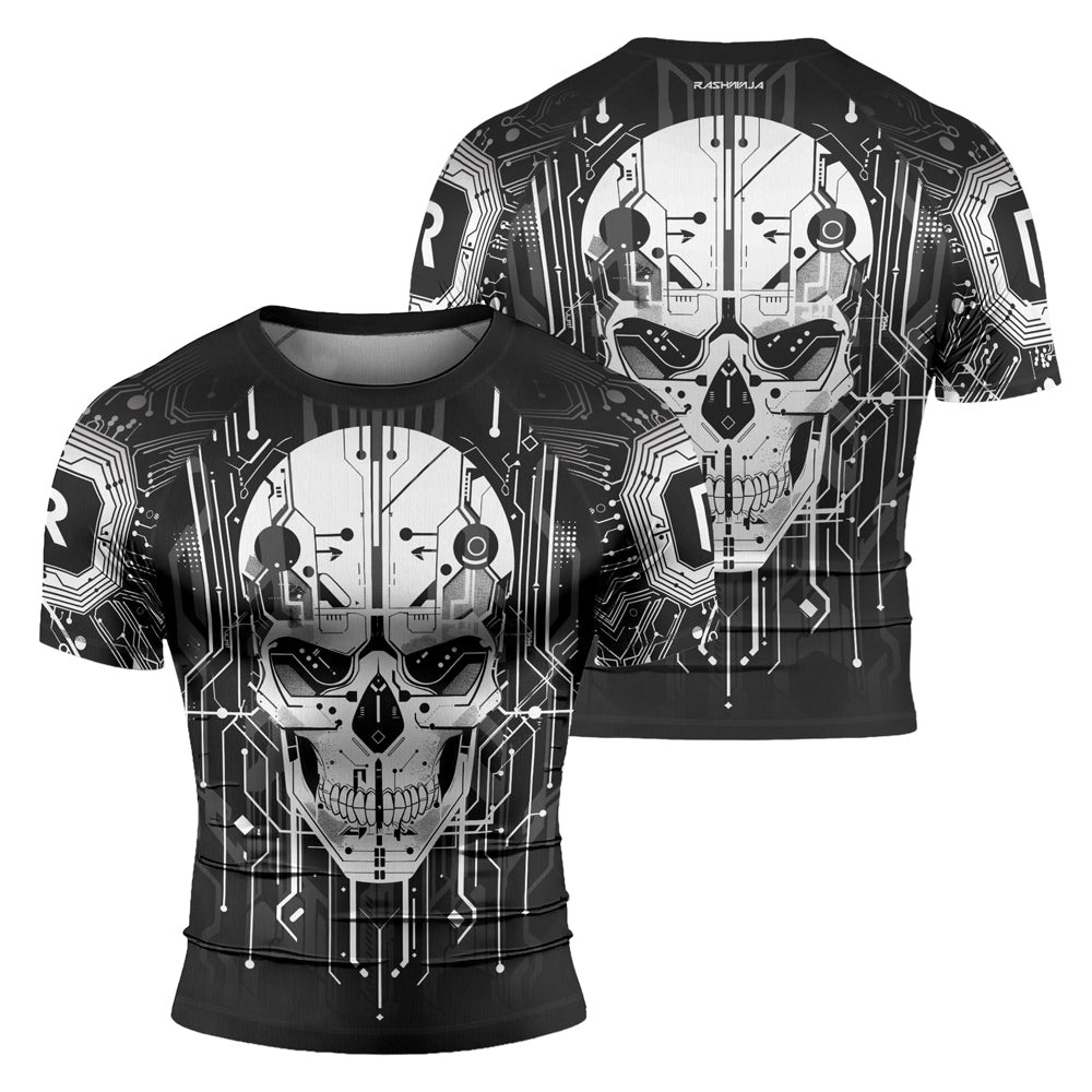 Rashninja Cyber Skull Circuit White Men's Short Sleeve Rash Guard

