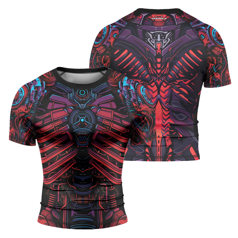 Rashninja Cyber Biomechanic Red Blue Men's Short Sleeve Rash Guard

