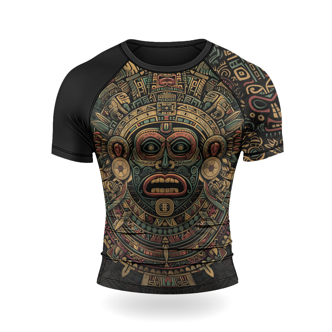 Rashninja Aztec Sun God Mask Men's Short Sleeve Rash Guard