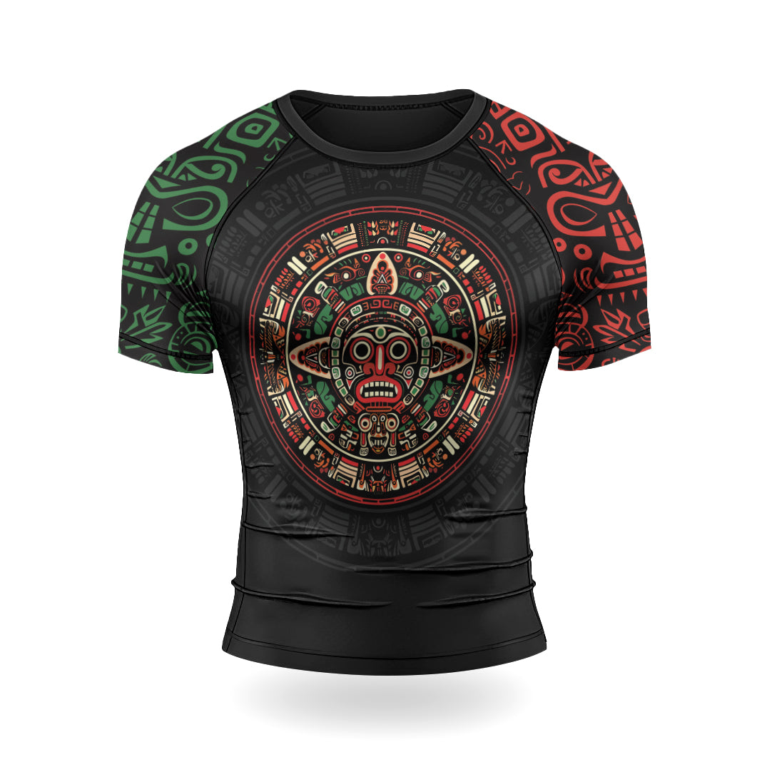 Rashninja Aztec Red & Green Sun Stone Men's Short Sleeve Rash Guard