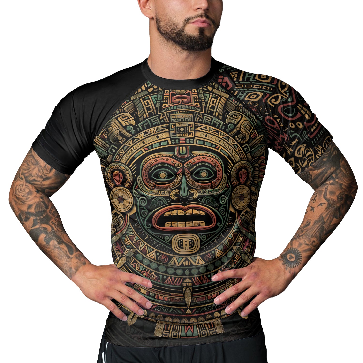 Rashninja Aztec Sun God Mask Men's Short Sleeve Rash Guard