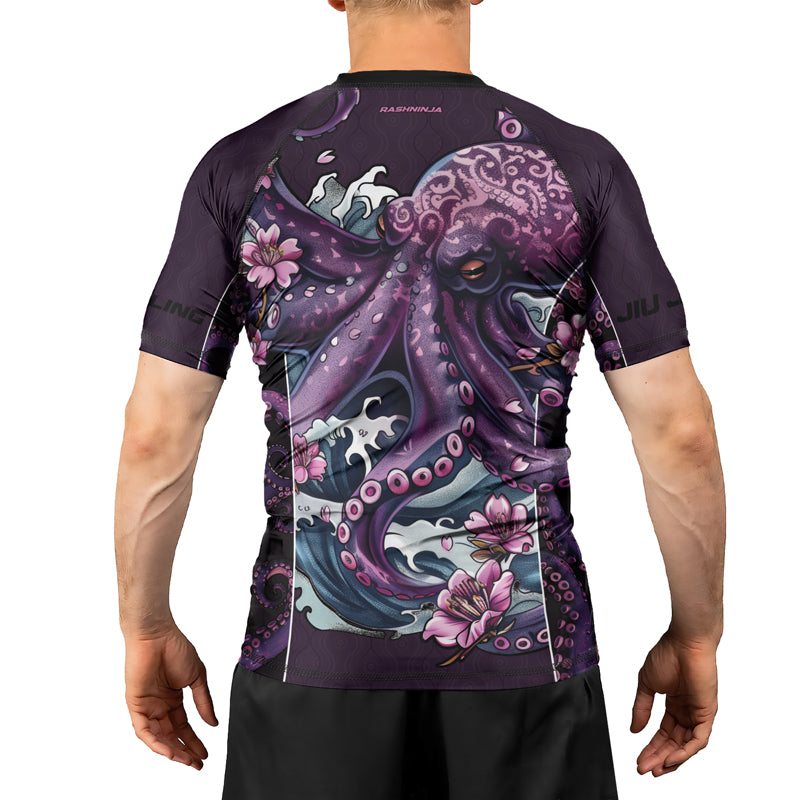 Rashninja Octopus Sakura Purple Men's Short Sleeve Rash Guard