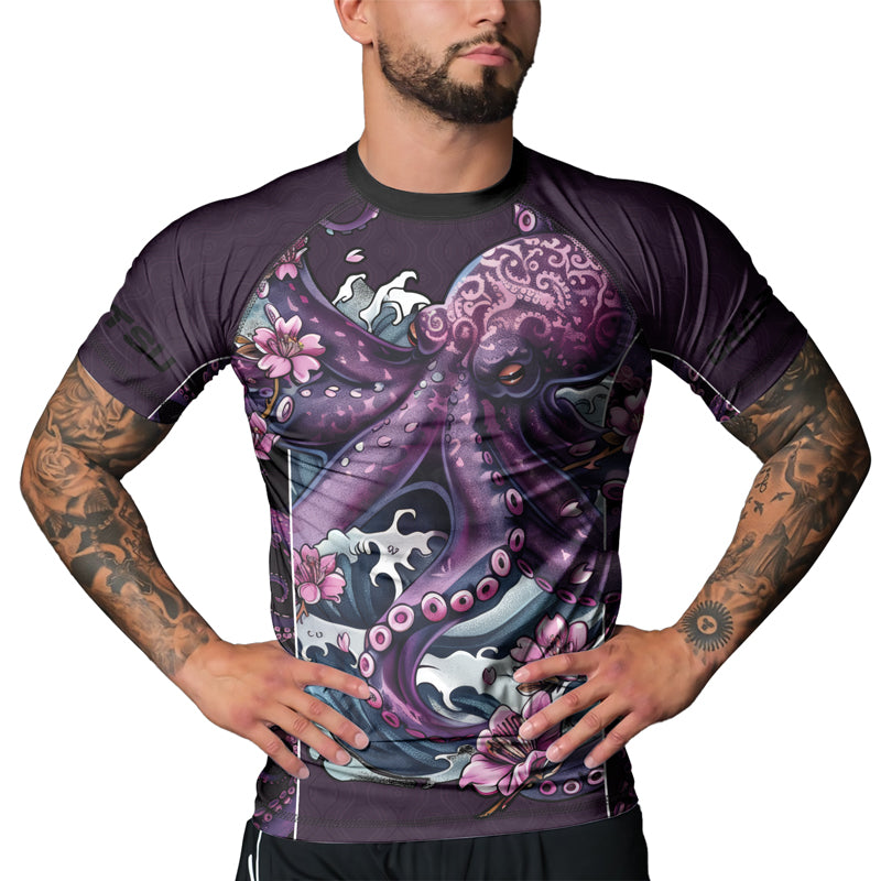 Rashninja Octopus Sakura Purple Men's Short Sleeve Rash Guard