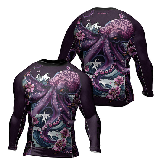 Rashninja Octopus Sakura Purple Men's Long Sleeve Rash Guard 