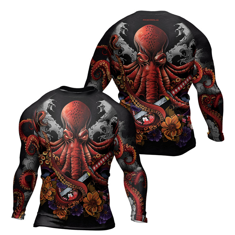 Rashninja Octopus Black Red Men's Long Sleeve Rash Guard